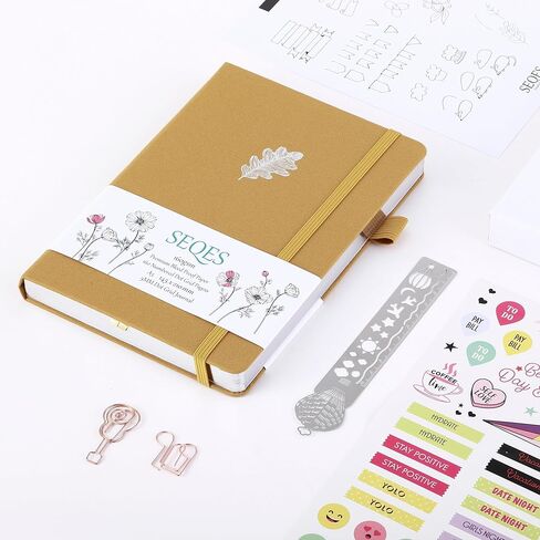 مجلة SeQeS Bullet Dotted Journal - دفتر ملاحظات بشبكة منقطة مقاس A5 مع رقم الصفحات، ورق مقاوم للنزيف 160 جرامًا للمتر المربع، حافة فضية للمنظمين الشخصيين، ومجلات رصاصة، وأوراق البلوط اليومية in Kuwait