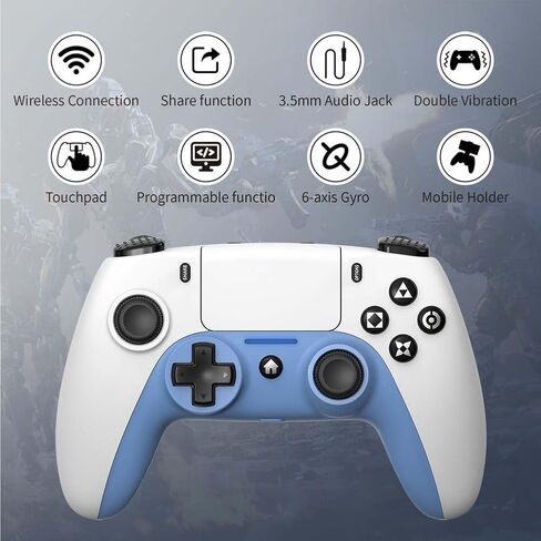 وحدة التحكم اللاسلكية ShanWan لجهاز PS4/ Silm/Pro. لوحة ألعاب لاسلكية عن بعد متوافقة مع أجهزة الكمبيوتر/PS4. بطارية مدمجة بقوة 600 مللي أمبير في الساعة مع صدمة مزدوجة/مقبس 3.5 ملم/مستشعر 6 محاور/أزرار خلفية (أبيض وأزرق) in Kuwait