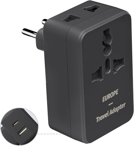 محول قابس السفر الأوروبي من FUNPRO، قابس طاقة دولي مع منافذ USB C، ومنافذ USB A، ومنفذ عالمي، ومنفذ أمريكي للولايات المتحدة إلى معظم أوروبا والاتحاد الأوروبي وأيسلندا وإسبانيا وإيطاليا وفرنسا وألمانيا in Kuwait