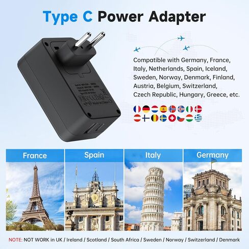 محول قابس السفر الأوروبي من FUNPRO، قابس طاقة دولي مع منافذ USB C، ومنافذ USB A، ومنفذ عالمي، ومنفذ أمريكي للولايات المتحدة إلى معظم أوروبا والاتحاد الأوروبي وأيسلندا وإسبانيا وإيطاليا وفرنسا وألمانيا in Kuwait