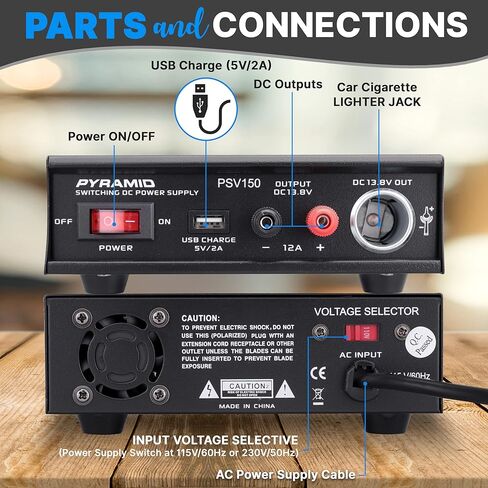 Pyramid-PSV150 Desktop Bench Power Supply, AC-to-DC Power Converter with USB Charge and Vehicle Cigarette Lighter Socket (12 Amp) - Black in Kuwait