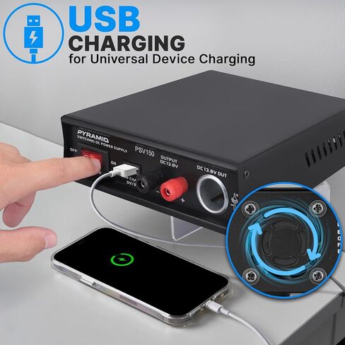 Pyramid-PSV150 Desktop Bench Power Supply, AC-to-DC Power Converter with USB Charge and Vehicle Cigarette Lighter Socket (12 Amp) - Black in Kuwait