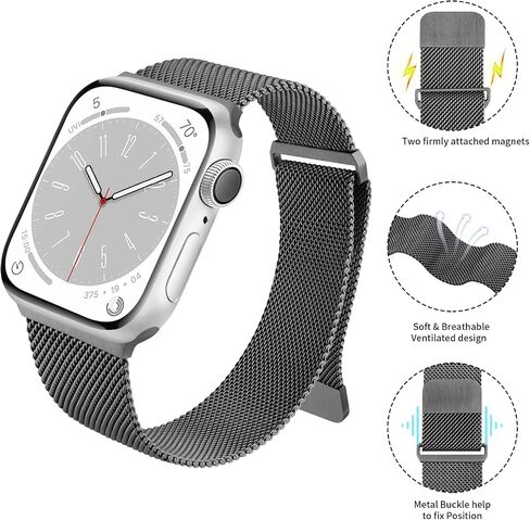 Mugust سوار مغناطيسي من الفولاذ المقاوم للصدأ متوافق مع Apple Watch Band Series 9 8 7 41mm 45mm / Ultra/Ultra 2 49mm / Series 3 38mm 42mm /Series 6 5 4 SE 40mm 44mm، سوار معصم شبكي معدني بديل لسوار iWatch للنساء والرجال in Kuwait