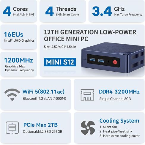 Beelink N95 Intel 12th Mini PC MINIS 12 4C/4T MAX 3.4Ghz، 8GB DDR4 & 256GB SSD WiFi 5، كمبيوتر مكتبي مزدوج HDMI 4K يعرض خدمة منزلية PLEX، فك تشفير AV1، كمبيوتر ألعاب منخفض الطاقة in Kuwait