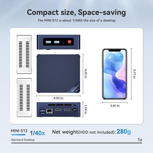 Beelink N95 Intel 12th Mini PC MINIS 12 4C/4T MAX 3.4Ghz، 8GB DDR4 & 256GB SSD WiFi 5، كمبيوتر مكتبي مزدوج HDMI 4K يعرض خدمة منزلية PLEX، فك تشفير AV1، كمبيوتر ألعاب منخفض الطاقة in Kuwait