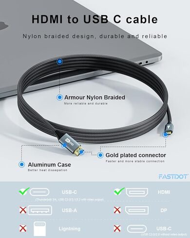 كابل Fastdot USB C إلى HDMI بطول 6 أقدام/1.8 متر (4K@30 هرتز)، كابل HDMI متوافق مع Thunderbolt 3 USB من النوع C متوافق مع MacBook Pro MacBook Air iPad Pro iMac ChromeBook Pixel in Kuwait