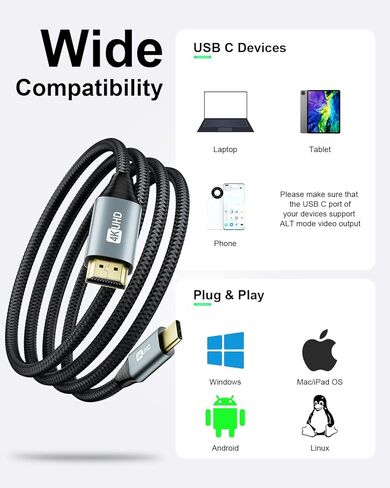 كابل Fastdot USB C إلى HDMI بطول 6 أقدام/1.8 متر (4K@30 هرتز)، كابل HDMI متوافق مع Thunderbolt 3 USB من النوع C متوافق مع MacBook Pro MacBook Air iPad Pro iMac ChromeBook Pixel in Kuwait