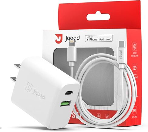 شاحن Jaagd 20 واط لأجهزة iPhone وiPad، مجموعة شاحن حائط مزدوج USB C وUSB مع كابل Lightning من النوع C متوافق مع iPhone 14/13/13 Pro/13 Pro max/iPhone 12/12 Pro max/X والمزيد in Saudi Arabia