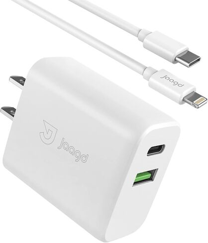 شاحن Jaagd 20 واط لأجهزة iPhone وiPad، مجموعة شاحن حائط مزدوج USB C وUSB مع كابل Lightning من النوع C متوافق مع iPhone 14/13/13 Pro/13 Pro max/iPhone 12/12 Pro max/X والمزيد in Saudi Arabia
