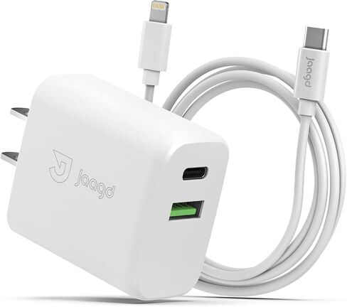 شاحن Jaagd 20 واط لأجهزة iPhone وiPad، مجموعة شاحن حائط مزدوج USB C وUSB مع كابل Lightning من النوع C متوافق مع iPhone 14/13/13 Pro/13 Pro max/iPhone 12/12 Pro max/X والمزيد in Saudi Arabia