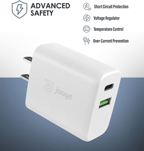 شاحن Jaagd 20 واط لأجهزة iPhone وiPad، مجموعة شاحن حائط مزدوج USB C وUSB مع كابل Lightning من النوع C متوافق مع iPhone 14/13/13 Pro/13 Pro max/iPhone 12/12 Pro max/X والمزيد in Saudi Arabia