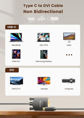 FOINNEX USB to DVI 6.6FT, USB C to DVI Cable, 4K@30Hz Type-C to DVI-D Adapter Compatible with Thunderbolt 3/4 for MacBook Pro/Air, Surface Book 2, Dell XPS 13, Galaxy S10, Pixelbook and More in Kuwait