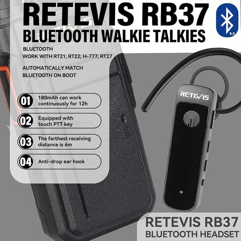Retevis RB37 New Version,Bluetooth Walkie Talkies for Adults,Two Way Radio with Earpiece,VOX,2000mAh,Type-c,Wireless Walkie Talkies (1 Pack) in Saudi Arabia