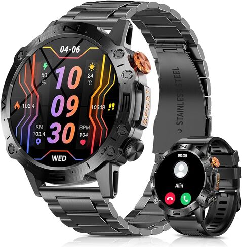 ساعة PODOEIL العسكرية الذكية للرجال مع مكالمة بلوتوث، شاشة عرض AMOLED مقاس 1.43 بوصة تعمل دائمًا لنظام التشغيل iOS Samsung Android، أكثر من 100 وضع رياضي لتتبع الأنشطة مع مراقبة الصحة ومراقبة النوم in Kuwait