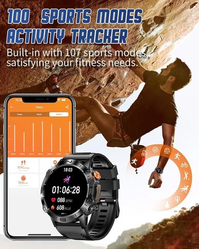 ساعة PODOEIL العسكرية الذكية للرجال مع مكالمة بلوتوث، شاشة عرض AMOLED مقاس 1.43 بوصة تعمل دائمًا لنظام التشغيل iOS Samsung Android، أكثر من 100 وضع رياضي لتتبع الأنشطة مع مراقبة الصحة ومراقبة النوم in Kuwait
