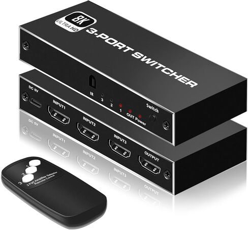 محول HDMI 2.1 8K، محول HDMI 3X1 من NEWCARE مع جهاز تحكم عن بعد بالأشعة تحت الحمراء، صندوق محول HDMI 4K @120 هرتز 8K@60 هرتز/4K@30 هرتز، 48 جيجابت في الثانية، دعم نينتندو سويتش PS4/PS5، Xbox 360/One Fire TV Stick in Kuwait