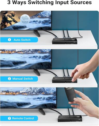 محول HDMI 2.1 8K، محول HDMI 3X1 من NEWCARE مع جهاز تحكم عن بعد بالأشعة تحت الحمراء، صندوق محول HDMI 4K @120 هرتز 8K@60 هرتز/4K@30 هرتز، 48 جيجابت في الثانية، دعم نينتندو سويتش PS4/PS5، Xbox 360/One Fire TV Stick in Kuwait
