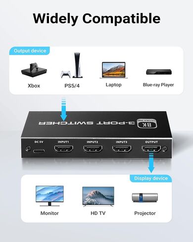 محول HDMI 2.1 8K، محول HDMI 3X1 من NEWCARE مع جهاز تحكم عن بعد بالأشعة تحت الحمراء، صندوق محول HDMI 4K @120 هرتز 8K@60 هرتز/4K@30 هرتز، 48 جيجابت في الثانية، دعم نينتندو سويتش PS4/PS5، Xbox 360/One Fire TV Stick in Kuwait