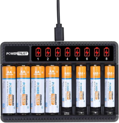 بطاريات PowerTrust AA القابلة لإعادة الشحن وبطاريات AAA (4 عبوات) مع شاحن بطاريات AA AAA ذو 8 فتحات، شاحن بطارية Ni-Mh قابل لإعادة الشحن in Saudi Arabia