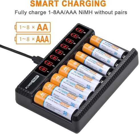 بطاريات PowerTrust AA القابلة لإعادة الشحن وبطاريات AAA (4 عبوات) مع شاحن بطاريات AA AAA ذو 8 فتحات، شاحن بطارية Ni-Mh قابل لإعادة الشحن in Saudi Arabia