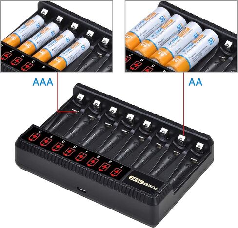 بطاريات PowerTrust AA القابلة لإعادة الشحن وبطاريات AAA (4 عبوات) مع شاحن بطاريات AA AAA ذو 8 فتحات، شاحن بطارية Ni-Mh قابل لإعادة الشحن in Saudi Arabia