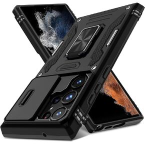 حافظة DEERLAMN لهاتف Samsung Galaxy S23 Ultra مع غطاء كاميرا منزلق، مسند دائري مدمج [حماية كاملة للكاميرا] [درجة عسكرية] غطاء حماية شديد التحمل مقاوم للصدمات - أسود