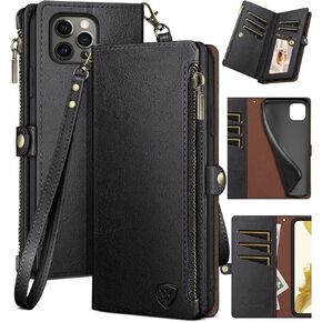 XcaseBar for iPhone 13 Pro Max 6.7" Wallet case with Zipper Credit Card Holder【RFID Blocking】, Flip Folio Book PU Leather Phone case Shockproof Cover Women Men for Apple 13 Pro Max case Black