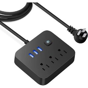 وصلة طاقة واقية من اندفاع التيار بمنافذ USB، 3 منافذ شحن لسطح المكتب، قابس مسطح، حامل على الحائط، سلك تمديد مضفر بطول 4 قدم، مع محطة اضاءة ليلية للسفن السياحية والمنزل والمكتب، اسود in Kuwait