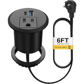 2 Inch Desk Power Grommet USB C PD 20W, Recessed Power Strip Socket with AC Plugs and 2 USB Charging Ports, Hidden Power Strip for Office Furniture Conference Room Kitchen Table, Black