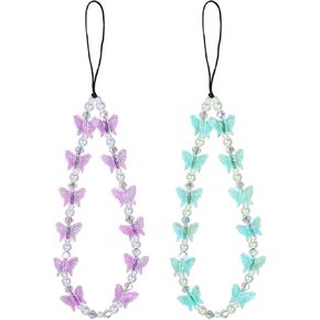 NQEUEPN 2PCS مطرز الهاتف سوار الأشرطة، حالمة كريستال فراشة اللؤلؤ مطرز الهاتف سحر حزام اليد المعصم الحبل للهاتف المفاتيح سحر الهدايا للنساء الفتيات in Kuwait