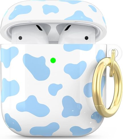 حافظة NIUTRENDZ لطيفة بطبعة بقرة لغطاء AirPods، تصميم IMD صلب من مادة TPU مقاومة للصدمات [مصباح LED أمامي مرئي] [شحن لاسلكي] جلد واقي متوافق مع AirPods 2&1 (وردي) in Kuwait