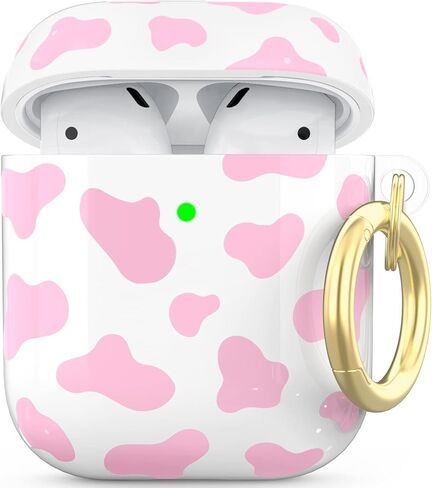 حافظة NIUTRENDZ لطيفة بطبعة بقرة لغطاء AirPods، تصميم IMD صلب من مادة TPU مقاومة للصدمات [مصباح LED أمامي مرئي] [شحن لاسلكي] جلد واقي متوافق مع AirPods 2&1 (وردي) in Kuwait