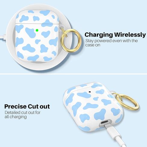حافظة NIUTRENDZ لطيفة بطبعة بقرة لغطاء AirPods، تصميم IMD صلب من مادة TPU مقاومة للصدمات [مصباح LED أمامي مرئي] [شحن لاسلكي] جلد واقي متوافق مع AirPods 2&1 (وردي) in Kuwait