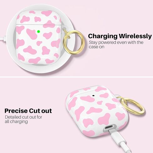 حافظة NIUTRENDZ لطيفة بطبعة بقرة لغطاء AirPods، تصميم IMD صلب من مادة TPU مقاومة للصدمات [مصباح LED أمامي مرئي] [شحن لاسلكي] جلد واقي متوافق مع AirPods 2&1 (وردي) in Kuwait