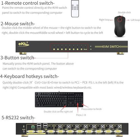 اي كيه ال محول تلقائي في جي ايه كيه في ام بـ 8 منافذ في 2 مخرج 8×2 يدعم مفاتيح الاختصار والصوت وكيبورد لاسلكي وماوس USB 2.0 لمشاركة 8 اجهزة كمبيوتر مع جهاز تحكم عن بعد in Kuwait