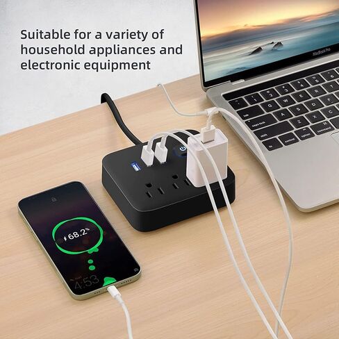وصلة طاقة واقية من اندفاع التيار بمنافذ USB، 3 منافذ شحن لسطح المكتب، قابس مسطح، حامل على الحائط، سلك تمديد مضفر بطول 4 قدم، مع محطة اضاءة ليلية للسفن السياحية والمنزل والمكتب، اسود in Kuwait