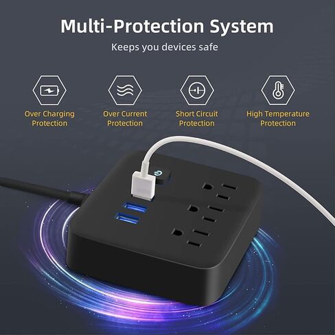 وصلة طاقة واقية من اندفاع التيار بمنافذ USB، 3 منافذ شحن لسطح المكتب، قابس مسطح، حامل على الحائط، سلك تمديد مضفر بطول 4 قدم، مع محطة اضاءة ليلية للسفن السياحية والمنزل والمكتب، اسود in Kuwait