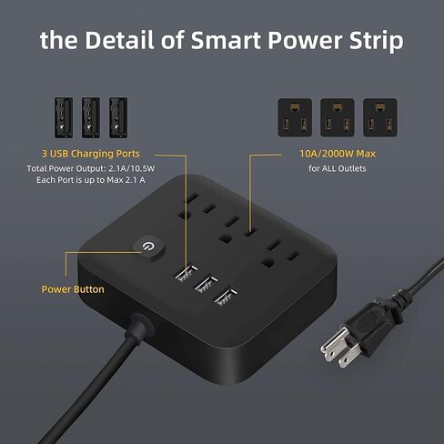 وصلة طاقة واقية من اندفاع التيار بمنافذ USB، 3 منافذ شحن لسطح المكتب، قابس مسطح، حامل على الحائط، سلك تمديد مضفر بطول 4 قدم، مع محطة اضاءة ليلية للسفن السياحية والمنزل والمكتب، اسود in Kuwait