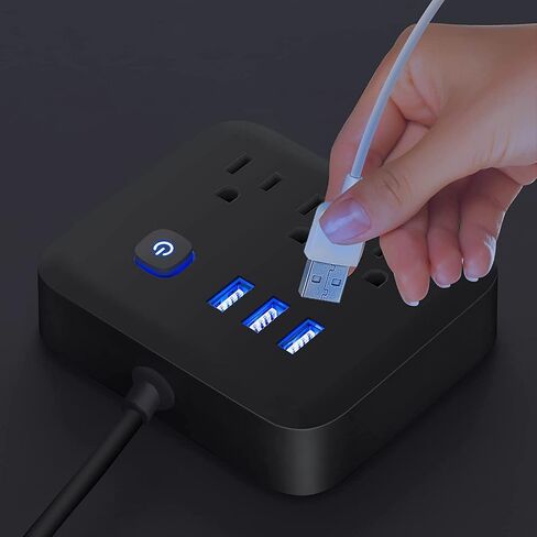 وصلة طاقة واقية من اندفاع التيار بمنافذ USB، 3 منافذ شحن لسطح المكتب، قابس مسطح، حامل على الحائط، سلك تمديد مضفر بطول 4 قدم، مع محطة اضاءة ليلية للسفن السياحية والمنزل والمكتب، اسود in Kuwait