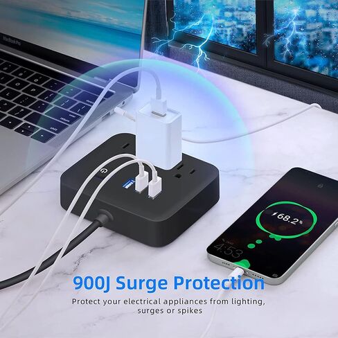 وصلة طاقة واقية من اندفاع التيار بمنافذ USB، 3 منافذ شحن لسطح المكتب، قابس مسطح، حامل على الحائط، سلك تمديد مضفر بطول 4 قدم، مع محطة اضاءة ليلية للسفن السياحية والمنزل والمكتب، اسود in Kuwait