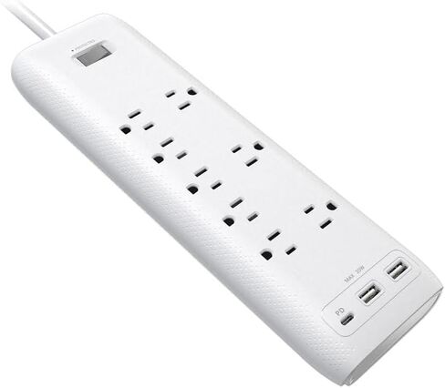 قطاع طاقة Clear Power 8-Outlet 2160J للمنزل والمكتب مع منفذين USB-A ومنفذ USB-C 20 وات PD شواحن سريعة، سلك طاقة 5 أقدام، أبيض، CP30002 in Saudi Arabia