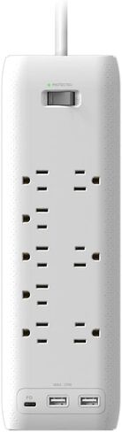 قطاع طاقة Clear Power 8-Outlet 2160J للمنزل والمكتب مع منفذين USB-A ومنفذ USB-C 20 وات PD شواحن سريعة، سلك طاقة 5 أقدام، أبيض، CP30002 in Saudi Arabia