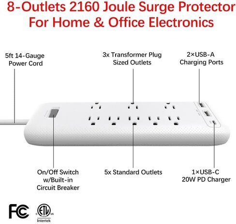 قطاع طاقة Clear Power 8-Outlet 2160J للمنزل والمكتب مع منفذين USB-A ومنفذ USB-C 20 وات PD شواحن سريعة، سلك طاقة 5 أقدام، أبيض، CP30002 in Saudi Arabia