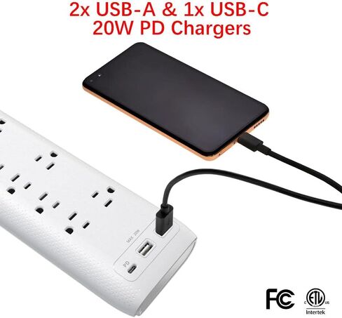 قطاع طاقة Clear Power 8-Outlet 2160J للمنزل والمكتب مع منفذين USB-A ومنفذ USB-C 20 وات PD شواحن سريعة، سلك طاقة 5 أقدام، أبيض، CP30002 in Saudi Arabia