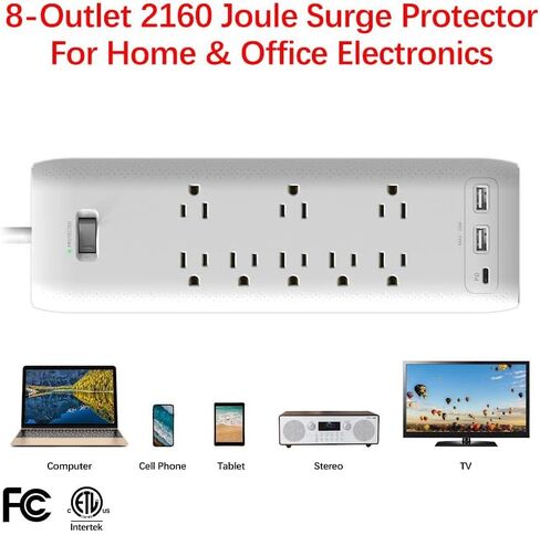 قطاع طاقة Clear Power 8-Outlet 2160J للمنزل والمكتب مع منفذين USB-A ومنفذ USB-C 20 وات PD شواحن سريعة، سلك طاقة 5 أقدام، أبيض، CP30002 in Saudi Arabia