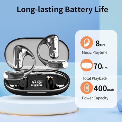 سماعات أذن مفتوحة لتوصيل الهواء، سماعات رأس بلوتوث لاسلكية مع حافظة شحن شاشة رقمية، سماعات رأس رياضية وقت اللعب لمدة 40 ساعة مع خطافات أذن للتمرين والقيادة والمشي مع iPhone Android in Kuwait