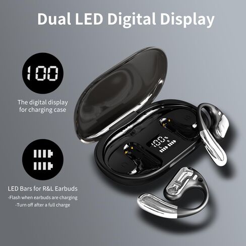 سماعات أذن مفتوحة لتوصيل الهواء، سماعات رأس بلوتوث لاسلكية مع حافظة شحن شاشة رقمية، سماعات رأس رياضية وقت اللعب لمدة 40 ساعة مع خطافات أذن للتمرين والقيادة والمشي مع iPhone Android in Kuwait