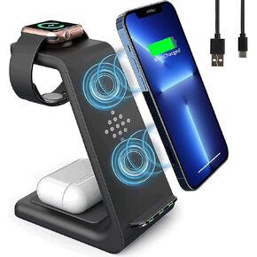 شاحن لاسلكي 3 في 1، شاحن ساعة للساعة 6/SE/5/4/3/2، محطة شحن لأجهزة متعددة لبودات برو/2/هاتف 13/13 برو/13 برو ماكس/12/12 برو/12 برو ماكس/11/SE/X/XR/XS/8 بلس in Kuwait