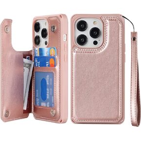 iCoverCase Compatible with iPhone 14 Pro Wallet Phone Case with Card Holder for Women, RFID Blocking Embossed PU Leather Wrist Strap Case 6.1 Inch (Heart Purple) in Kuwait