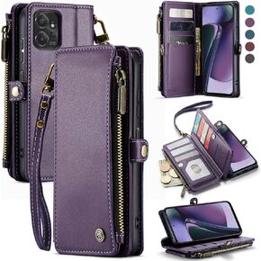Defencase Wallet Case Compatible with Motorola Moto G Stylus 5G 2023 RFID Blocking Zipper Card Holder PU Leather Snap Strap Phone Case, Purple